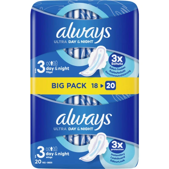 Always® Ultra Day & Night Mit Flügeln Damenbinden BigPack 20ST 3 Always® Ultra Day & Night Mit Flügeln Damenbinden BigPack 20ST